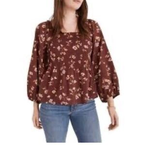 MADEWELL Lucie Smocked Peplum Top Square Neck Balloon Sleeve Maroon Sz 6